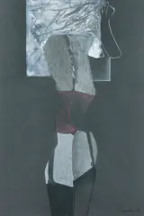 KOBIETA ROZBIERAJĄCA SIĘ by Teresa Pągowska, 1983, pastel, gwasz, papier czarny, sold Oct 2022