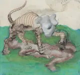 Jan Lebensztejn, Postacie fantasmagoryczne, 1962, tusz pióro, akwarela, pastel, collage, papier