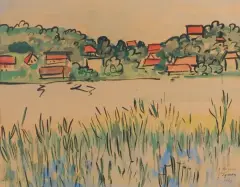 Tymon Niesiołowski, PEJZAŻ Z ŁAGOWA, 1948, tusz pędzel, akwarela, papier beżowy