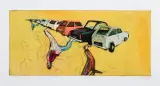 Jacek Sroka, ZŁODZIEJE SAMOCHODÓW, 1999, akwaforta, akwatinta barwna, papier