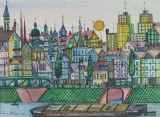 Zygmunt Warczygłowa, WIDOK MIASTA NAD RZEKĄ, 1987, tusz pióro, akwarela, papier
