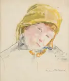 Wacław Piotrowski, PORTRET DZIEWCZYNKI, akwarela, gwasz, ołówek, papier nakl. na tekturę