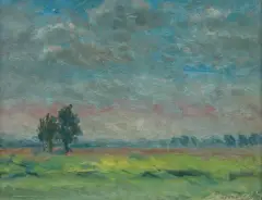 Stanisław Dawski, NIEBO NAD ŁĄKĄ, 20.05.1988, olej, płyta pilśniowa