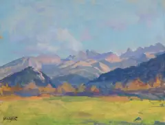 WIDOK NA TATRY Z ZAKOPANEGO by Stanisław Gałek, olej, tektura, sold Sep 2022