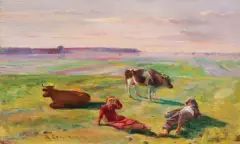 Kazimierz Lasocki, PASTUSZKOWIE NA PASTWISKU, 1934, olej, sklejka