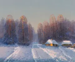 CHATY POD LASEM by Wiktor Korecki, olej, płótno, offered Sep 2022