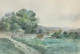 Théodore-Charles-Ange Coquelin, PEJZAŻ LETNI ZE SZTAFAŻEM, OK. 1900, akwarela, papier