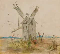 Jan Stanisławski, WIATRAK, 1883, akwarela, papier naklejony na tekturę