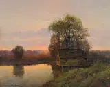 Wiktor Korecki, PEJZAŻ Z MŁYNEM, olej, płótno