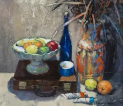 Adam Marczukiewicz, MARTWA NATURA Z NIEBIESKĄ BUTELKĄ, 2014, olej, płótno