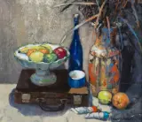 Adam Marczukiewicz, MARTWA NATURA Z NIEBIESKĄ BUTELKĄ, 2014, olej, płótno