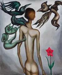 Krystyna Brzechwa, DZIEWCZYNA I SKRZYDLATE STWORY, 1980, olej, płótno
