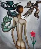 Krystyna Brzechwa, DZIEWCZYNA I SKRZYDLATE STWORY, 1980, olej, płótno