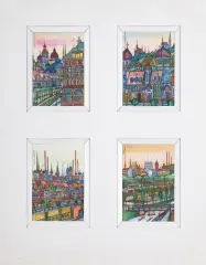 Zygmunt Warczygłowa, Cztery widoki miast II, 1985, tusz pióro, akwarela, gwasz, papier
