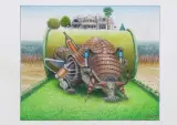 Trawnikodont w rolce by Jacek Yerka, 2021, kredki, ołówek, karton, sold Mar 2022