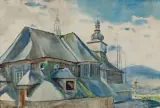 Julian Fałat, KOŚCIÓŁ W ŁODYGOWICACH, 1918, akwarela, papier