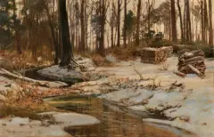Michał Gorstkin-Wywiórski, STRUMIEŃ W ZIMOWYM LESIE, olej, płótno