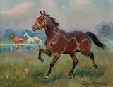 KOŃ NA PADOKU by Jerzy Kossak, 1926, olej, płótno naklejone na tekturę, sold Mar 2022