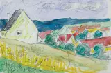 Józef Czapski, WIDOK MIASTECZKA (szkic do obrazu), lata 70., gwasz, akwarela, ołówek, długopis, papier
