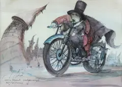 Tomasz Sętowski, CZARNOKSIĘŻNIK ZMOTORYZOWANY, 2010, akwarela, ołówek, tusz, papier