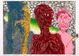 Janusz Akermann, Kolorowa historia na szarym tle, 1989, linoryt barwny, kolorowany, papier
