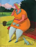 Jacek Pałucha, Pani z niebieskim pieskiem, 2001, akryl, płótno