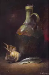 Edward Szutter, MARTWA NATURA Z MUSZLĄ, 2014, olej, płótno naklejone na płytę