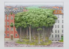 Jacek Yerka, Inwazja, 2021, kredki, ołówek, karton