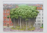 Inwazja by Jacek Yerka, 2021, kredki, ołówek, karton, sold Jan 2022