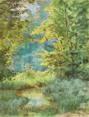 Antoni Kozakiewicz, PEJZAŻ LEŚNY, akwarela, papier