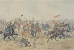 Juliusz Kossak, MIKOŁAJ GNIEWOSZ RATUJE JANA KAZIMIERZA, 1897, akwarela, ołówek, papier