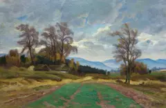 Józef Chlebus, KRAJOBRAZ PODGÓRSKI, olej, tektura