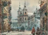 UL. FRETA Z KOŚCIOŁEM ŚW. DUCHA by Władysław Chmieliński, przed 1939, akwarela, gwasz, papier naklejony na tekturę, sold Dec 2021