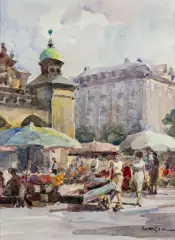 Henryk Sajdak, KRAKÓW - RYNEK GŁÓWNY, akwarela, karton