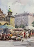 Henryk Sajdak, KRAKÓW - RYNEK GŁÓWNY, akwarela, karton