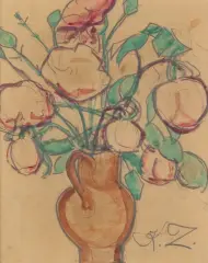 Caziel, KWIATY W GLINIANYM WAZONIE, akwarela, ołówek, papier