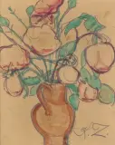 Caziel, KWIATY W GLINIANYM WAZONIE, akwarela, ołówek, papier