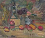 Eustachy Wasilkowski, MARTWA NATURA Z JABŁKAMI I BUTELKĄ, ok. 1954, olej, płótno