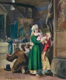 Józef Chełmoński, W WIEJSKIM KOŚCIÓŁKU, 1886, tempera, gwasz, akwarela, papier nakl. na tekturę