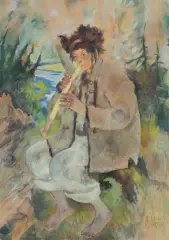 Kazimierz Sichulski, HUCUŁ GRAJĄCY NA FLECIE, 1939, akwarela, gwasz, kredka, papier