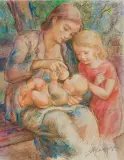 Maurycy Medrzycki, MACIERZYŃSTWO - ŻONA ARTYSTY Z DZIEĆM, 1930, akwarela, kolorowa kredka, tusz, papier