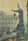 PRZED KOŚCIOŁEM ŚWIĘTEGO KRZYŻA by Władysław Chmieliński, przed 1939, akwarela, gwasz, kredka, karton, sold Dec 2021