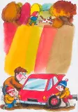 Jerzy Flisak, ZMIANA KOŁA W MALUCHU, akwarela, tusz pióro, papier