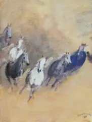 Józef Korolkiewicz, PĘDZĄCE KONIE, 1986, gwasz, akwarela, papier