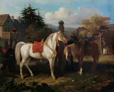 Juliusz Kossak, KONIE PRZED DWORKIEM, 1858, olej, płótno