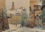 WIDOK NA RYNEK STAREGO MIASTA by Władysław Chmieliński, przed 1939, kredka, akwarela, gwasz, papier, sold Oct 2021