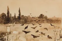 Wilhelm Kotarbiński, PEJZAŻ Z KRUKAMI, akwarela, karton