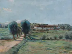 PEJZAŻ Z DROGĄ by Mieczysław Filipkiewicz, olej, sklejka, sold Oct 2021