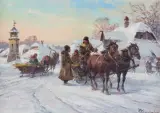 SPOTKANIE PRZY SANIACH by Władysław Chmieliński, olej, płótno, sold Oct 2021