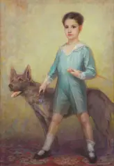 Tadeusz Styka, PORTRET CHŁOPCA Z PSEM, pastel, płótno flokowane